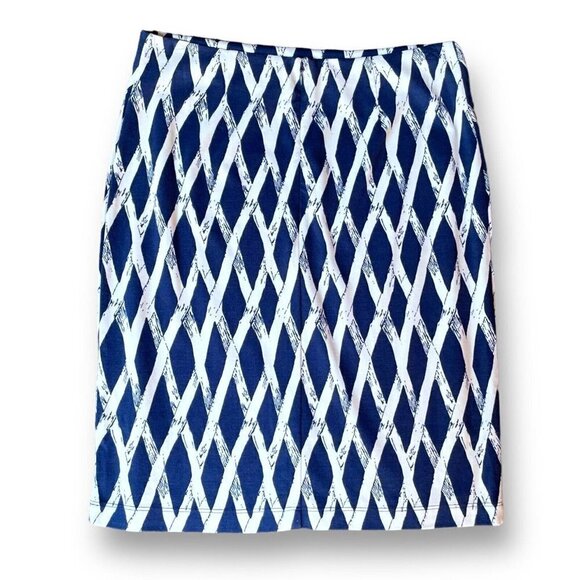 J McLaughlin Womens Skirt Sz 2 Blue White Bamboo Trellis Print Stretch Knit - Picture 4 of 5